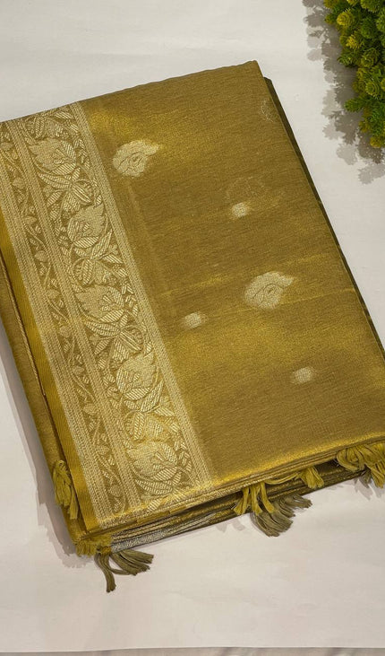 Antique Gold Designer Organza Tissue Silk Saree with Rich Zari Border & Blouse |DS27_3