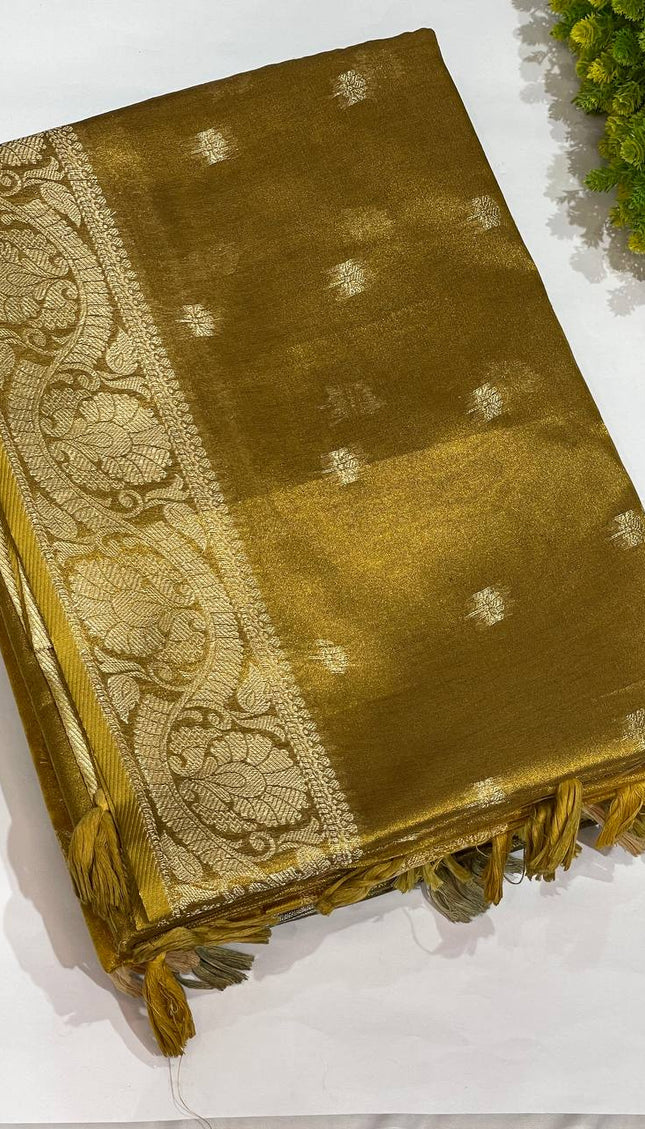 Golden Organza Tissue Silk Saree with Woven Border & Blouse |DS27_8