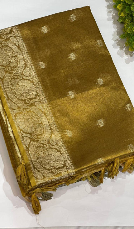Golden Organza Tissue Silk Saree with Woven Border & Blouse |DS27_8