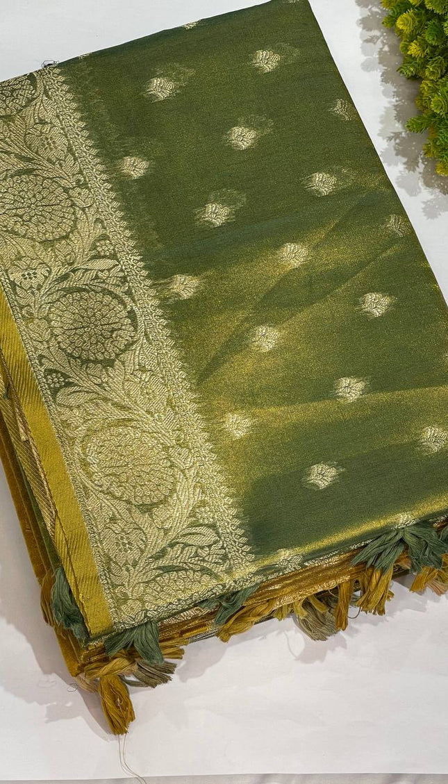 Olive Green Designer Organza Tissue Silk Saree with Zari Buti & Woven Border |DS27_1