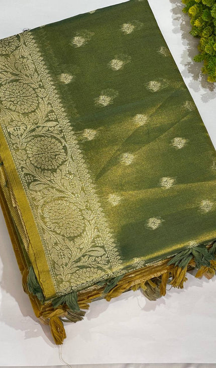 Olive Green Designer Organza Tissue Silk Saree with Zari Buti & Woven Border |DS27_1