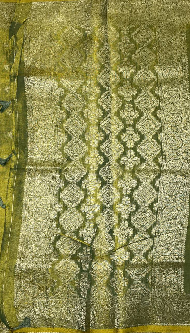 Olive Green Designer Organza Tissue Silk Saree with Zari Buti & Woven Border |DS27_1