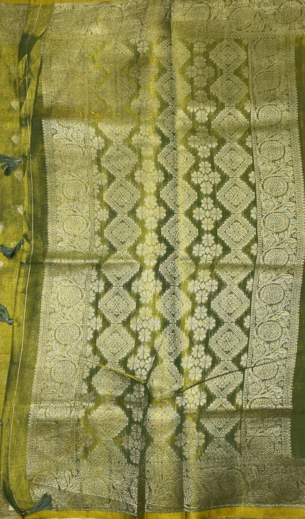 Olive Green Designer Organza Tissue Silk Saree with Zari Buti & Woven Border |DS27_1