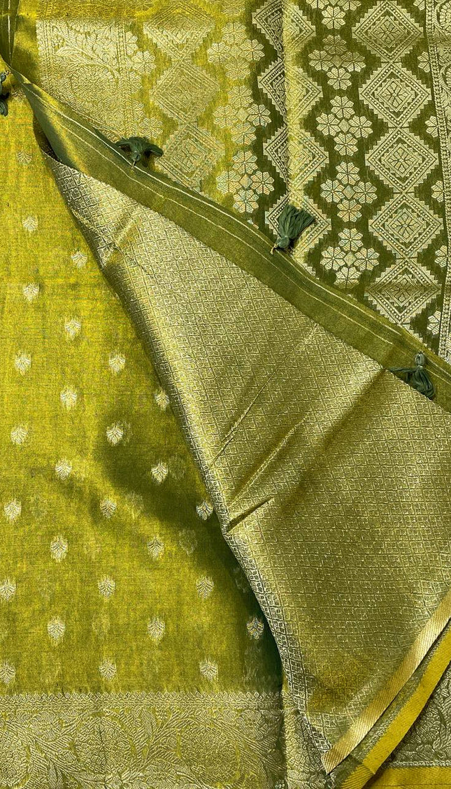 Olive Green Designer Organza Tissue Silk Saree with Zari Buti & Woven Border |DS27_1