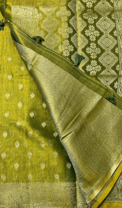 Olive Green Designer Organza Tissue Silk Saree with Zari Buti & Woven Border |DS27_1
