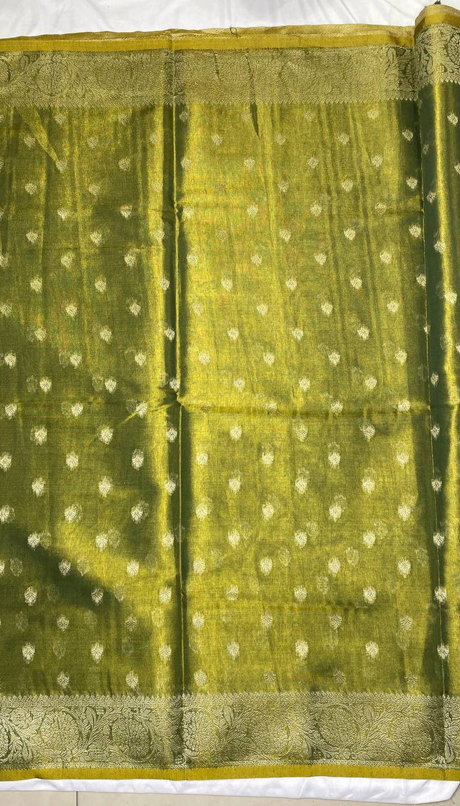 Olive Green Designer Organza Tissue Silk Saree with Zari Buti & Woven Border |DS27_1