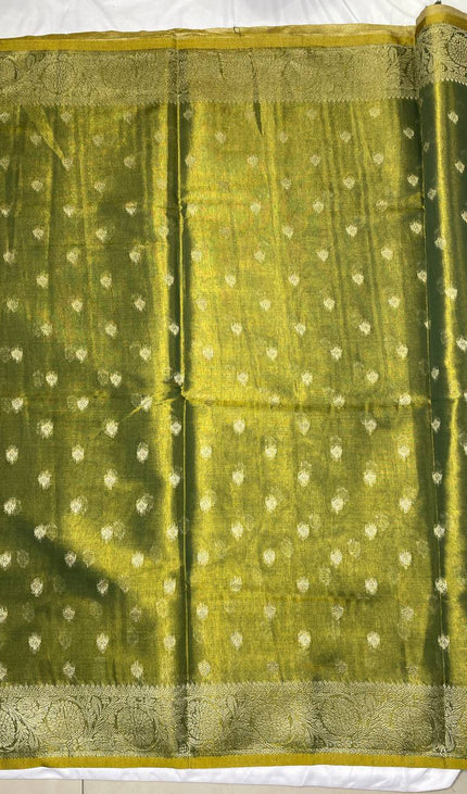 Olive Green Designer Organza Tissue Silk Saree with Zari Buti & Woven Border |DS27_1