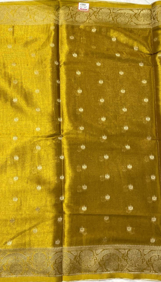 Golden Organza Tissue Silk Saree with Woven Border & Blouse |DS27_8