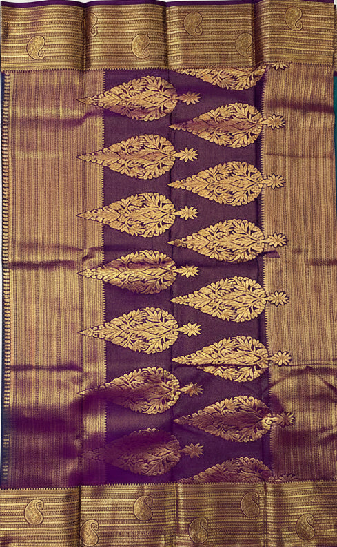 Teal Blue Semi Kanjivaram Silk Saree with Purple Zari Border|S13_6