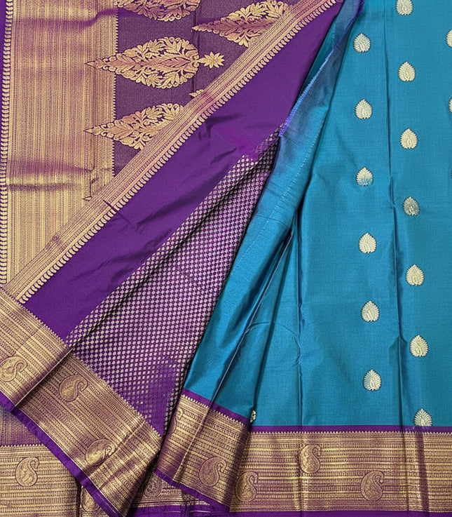 Teal Blue Semi Kanjivaram Silk Saree with Purple Zari Border|S13_6