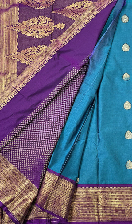 Teal Blue Semi Kanjivaram Silk Saree with Purple Zari Border|S13_6