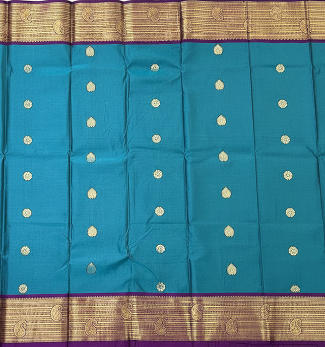 Teal Blue Semi Kanjivaram Silk Saree with Purple Zari Border|S13_6