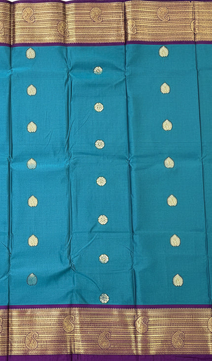 Teal Blue Semi Kanjivaram Silk Saree with Purple Zari Border|S13_6