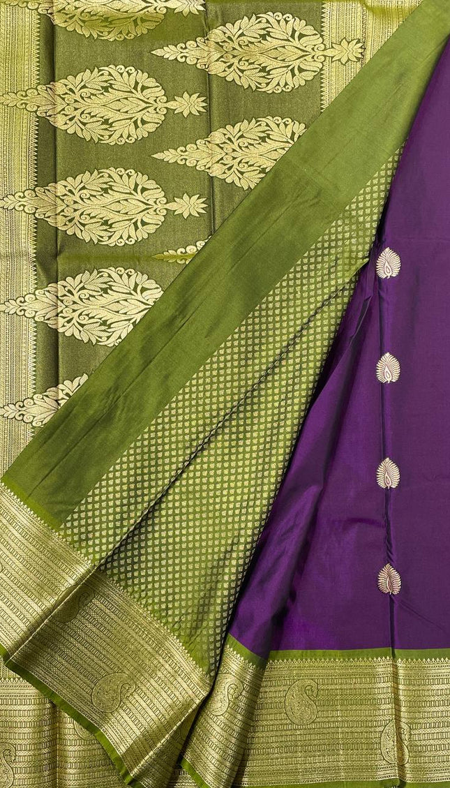 Royal Purple Semi Kanjivaram Silk Saree with Green Zari Border|S13_4