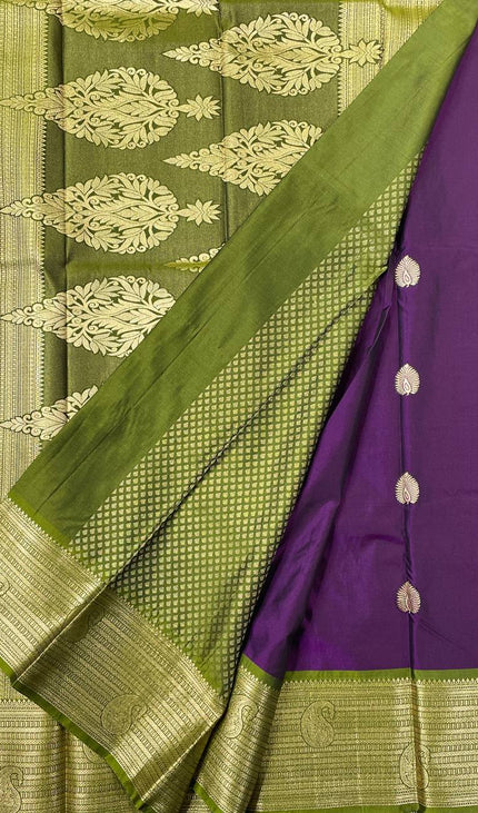 Royal Purple Semi Kanjivaram Silk Saree with Green Zari Border|S13_4
