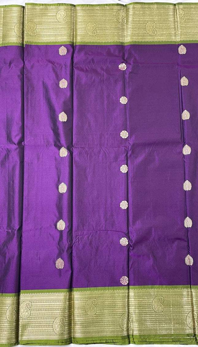 Royal Purple Semi Kanjivaram Silk Saree with Green Zari Border|S13_4