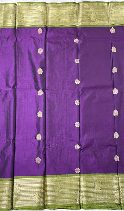 Royal Purple Semi Kanjivaram Silk Saree with Green Zari Border|S13_4