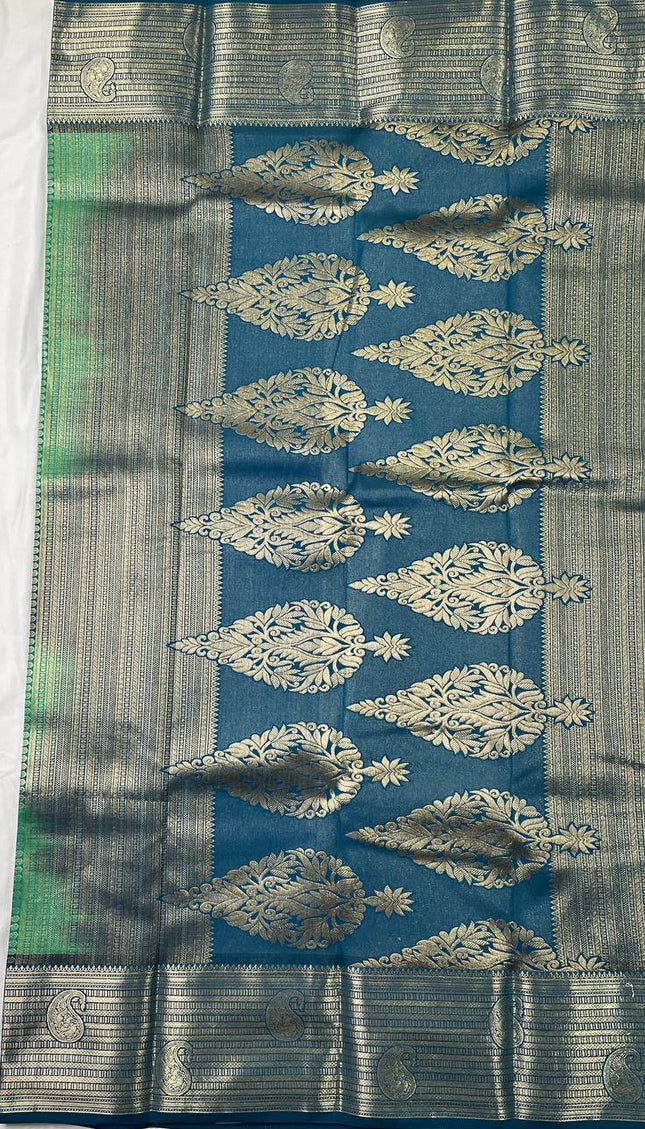 Teal Green Semi Kanjivaram Silk Saree with Blue Zari Border|S13_3