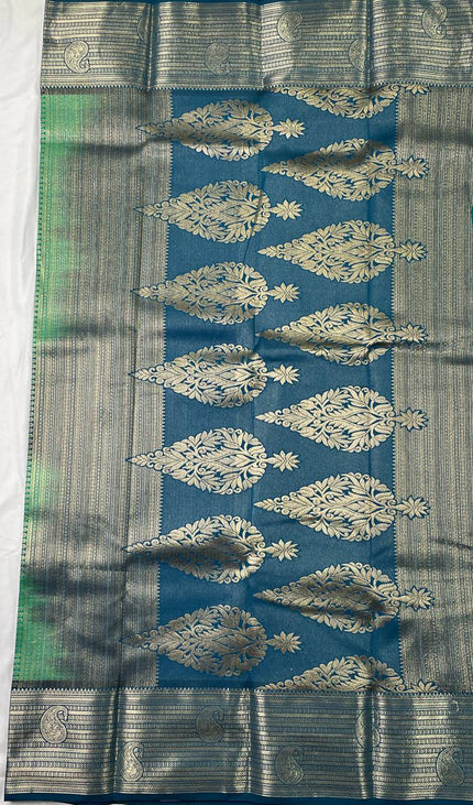 Teal Green Semi Kanjivaram Silk Saree with Blue Zari Border|S13_3