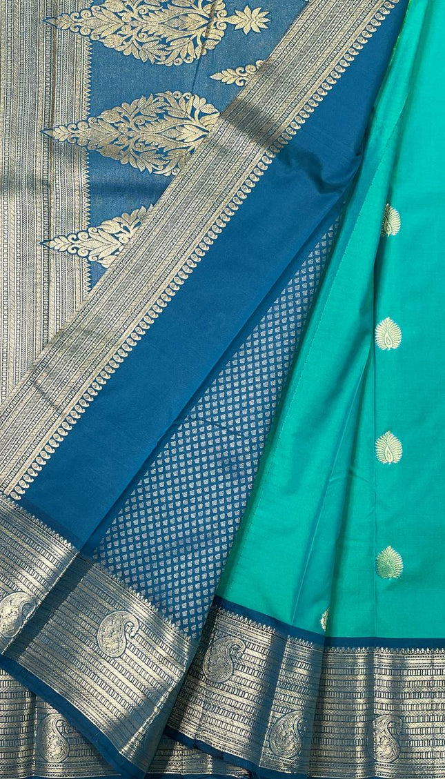 Teal Green Semi Kanjivaram Silk Saree with Blue Zari Border|S13_3