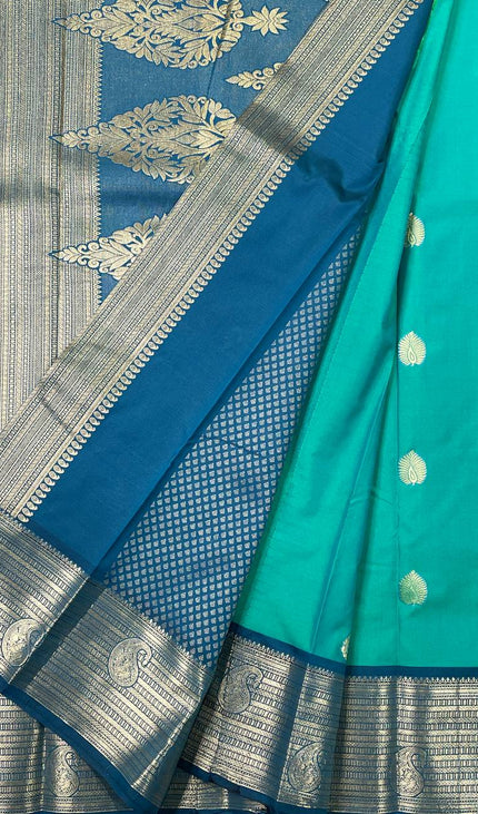 Teal Green Semi Kanjivaram Silk Saree with Blue Zari Border|S13_3