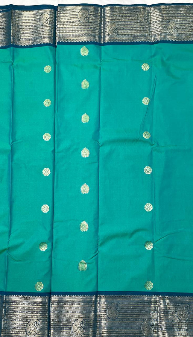 Teal Green Semi Kanjivaram Silk Saree with Blue Zari Border|S13_3
