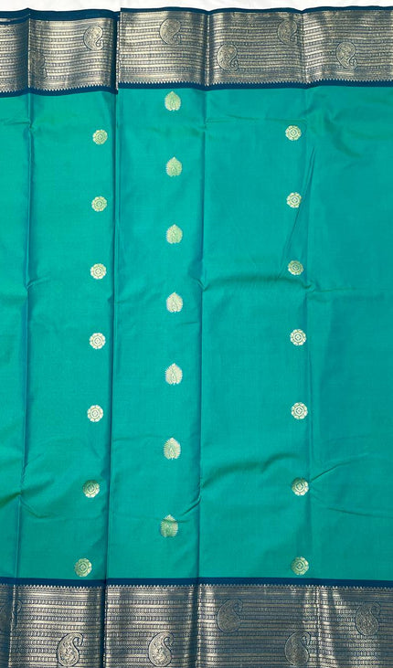 Teal Green Semi Kanjivaram Silk Saree with Blue Zari Border|S13_3