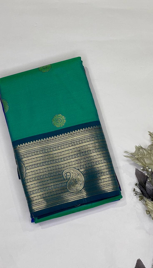 Teal Green Semi Kanjivaram Silk Saree with Blue Zari Border|S13_3