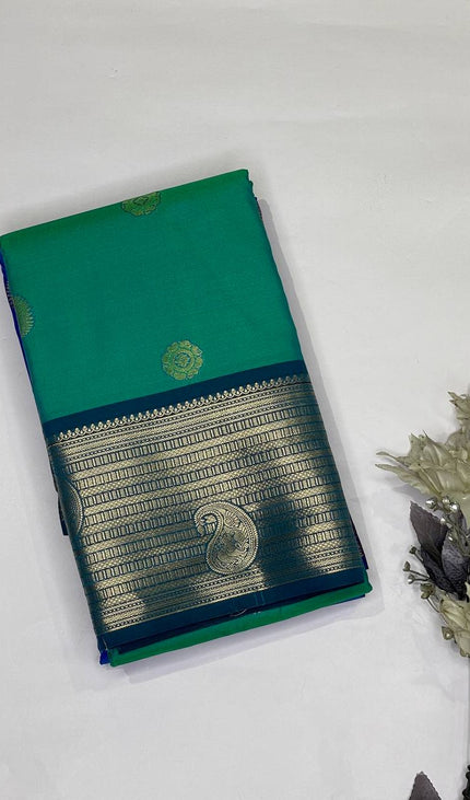 Teal Green Semi Kanjivaram Silk Saree with Blue Zari Border|S13_3
