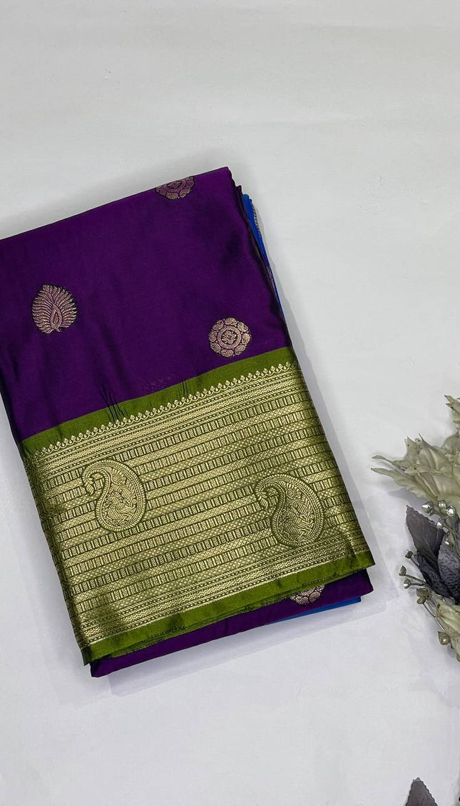 Royal Purple Semi Kanjivaram Silk Saree with Green Zari Border|S13_4