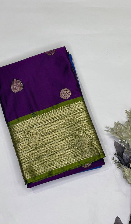 Royal Purple Semi Kanjivaram Silk Saree with Green Zari Border|S13_4