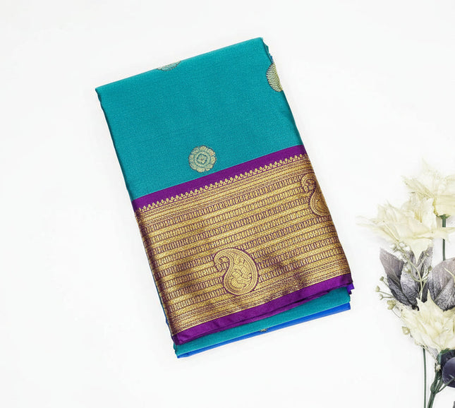 Teal Blue Semi Kanjivaram Silk Saree with Purple Zari Border|S13_6