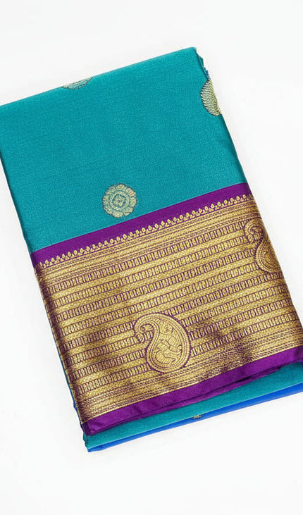 Teal Blue Semi Kanjivaram Silk Saree with Purple Zari Border|S13_6