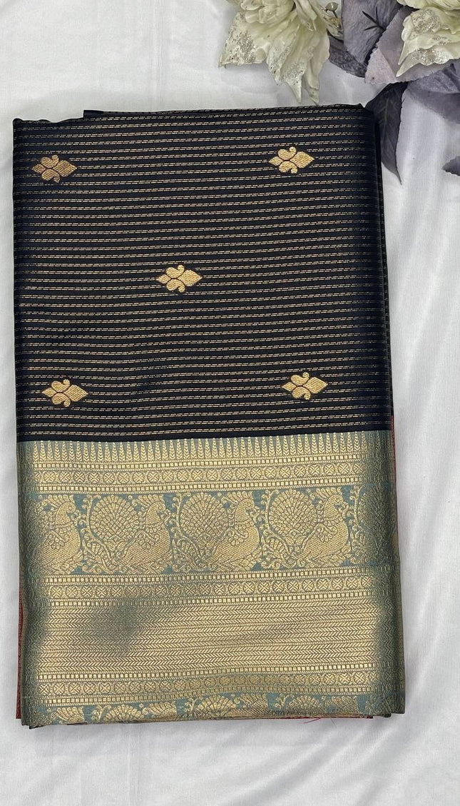 Classic Black Semi Kanchipuram Saree with Rich Zari Border|S4_6