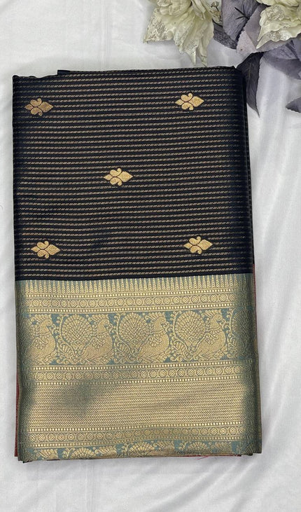 Classic Black Semi Kanchipuram Saree with Rich Zari Border|S4_6
