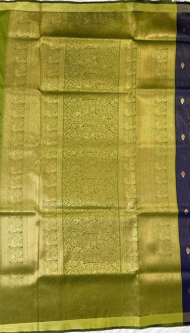 Navy Blue Semi Kanchipuram Silk Saree with Olive Green Zari Border|S4_4