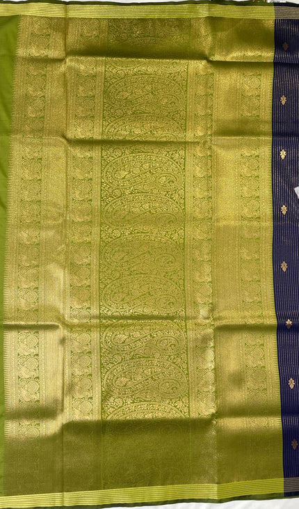 Navy Blue Semi Kanchipuram Silk Saree with Olive Green Zari Border|S4_4