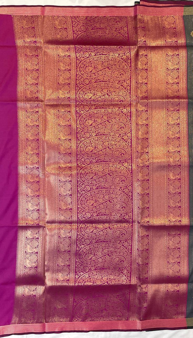 Dark Grey Semi Kanchipuram Silk Saree with Rani Pink Zari Border|S4_8