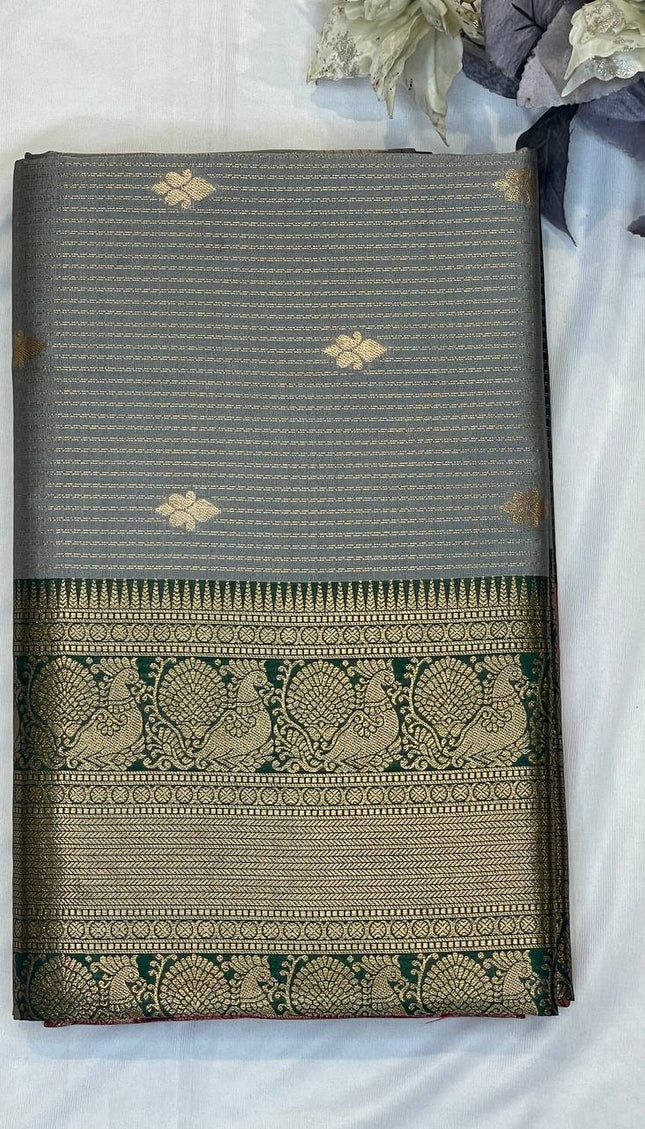 Grey Semi Kanchipuram Silk Saree with Rani Pink Zari Border|S4_10