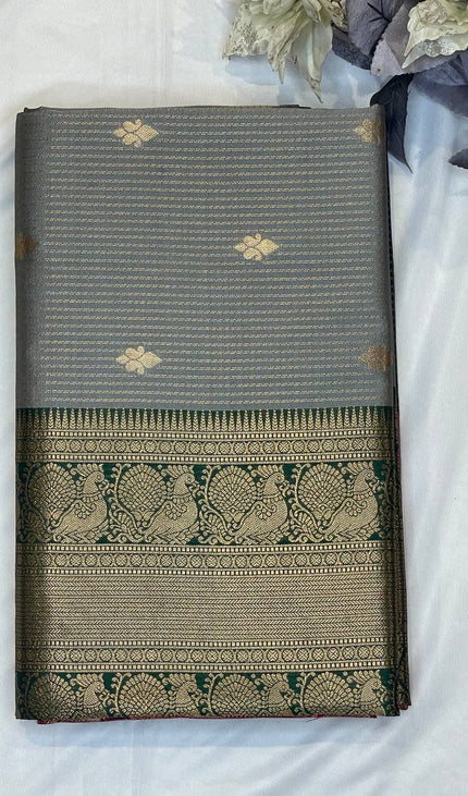 Grey Semi Kanchipuram Silk Saree with Rani Pink Zari Border|S4_10