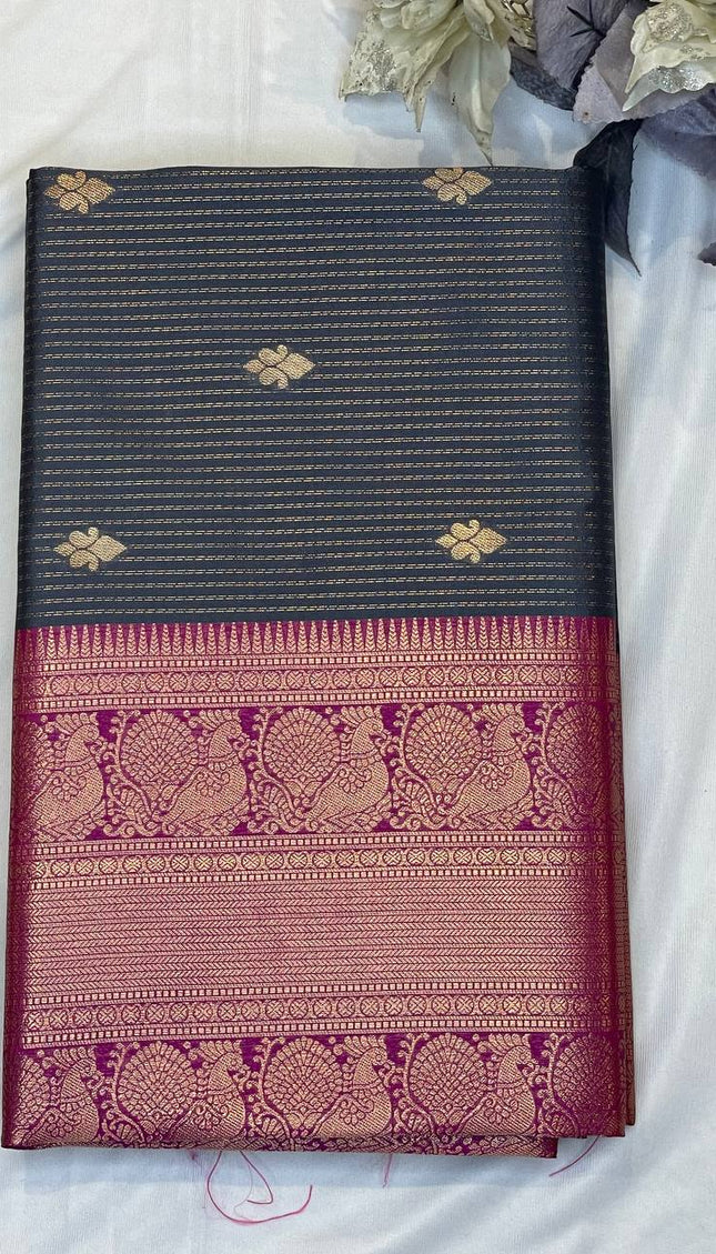 Dark Grey Semi Kanchipuram Silk Saree with Rani Pink Zari Border|S4_8