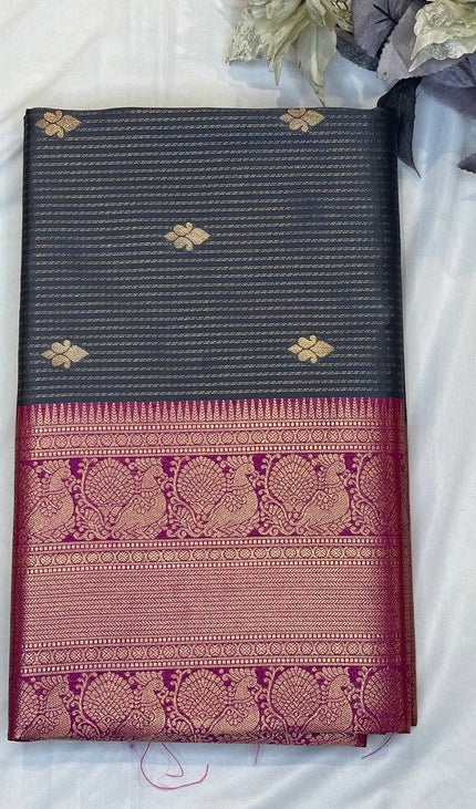Dark Grey Semi Kanchipuram Silk Saree with Rani Pink Zari Border|S4_8