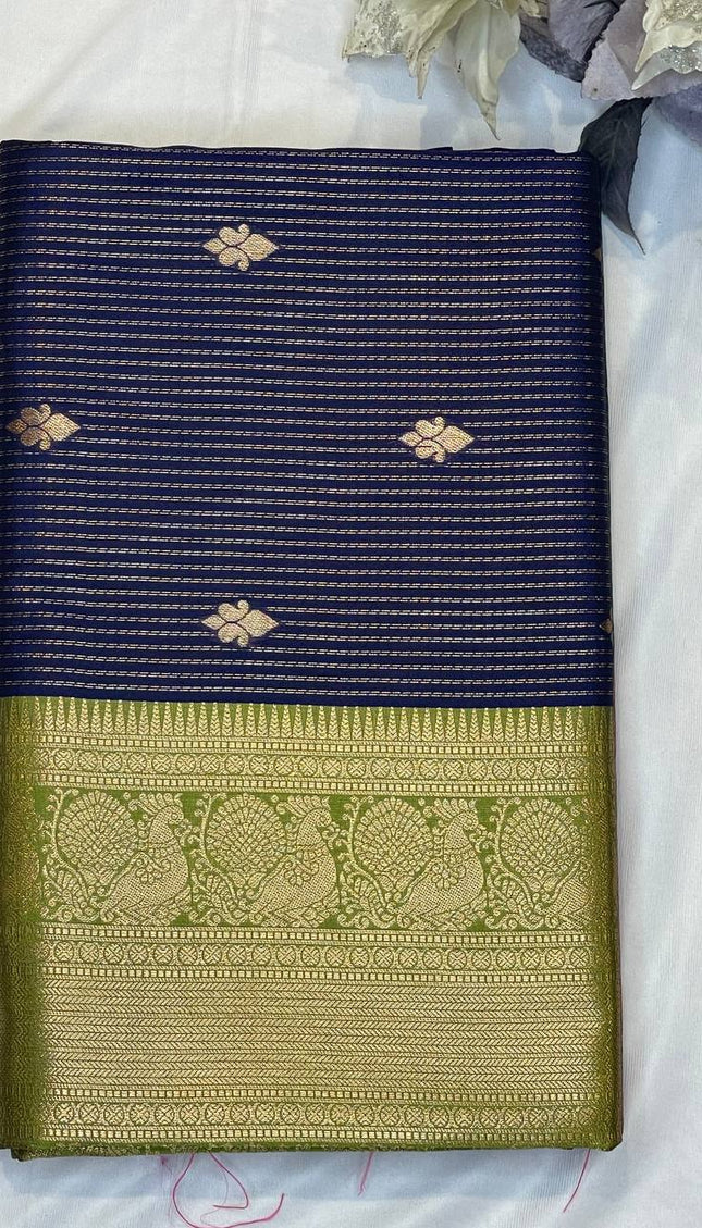 Navy Blue Semi Kanchipuram Silk Saree with Olive Green Zari Border|S4_4