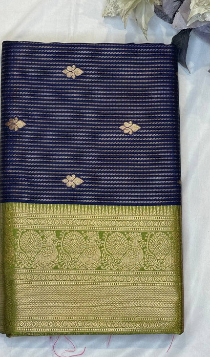 Navy Blue Semi Kanchipuram Silk Saree with Olive Green Zari Border|S4_4