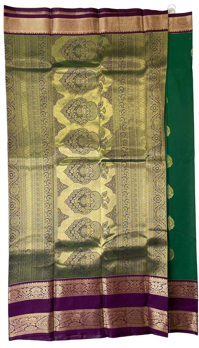 Emerald Green & Purple Kanchipuram Silk Saree with Gold Zari Border|S2_1