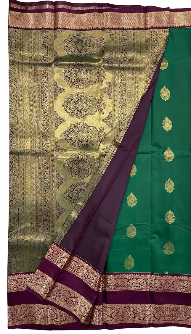 Emerald Green & Purple Kanchipuram Silk Saree with Gold Zari Border|S2_1