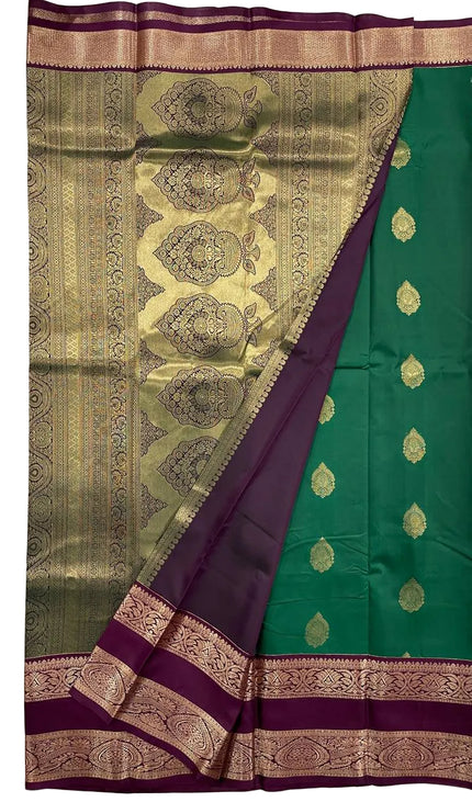 Emerald Green & Purple Kanchipuram Silk Saree with Gold Zari Border|S2_1