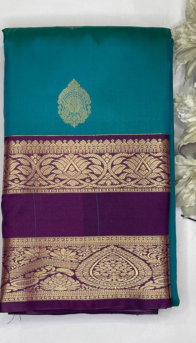 Rama Green Kanchipuram Silk Saree with Purple Border |S2_2