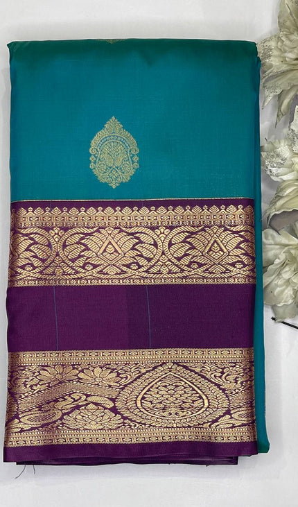 Rama Green Kanchipuram Silk Saree with Purple Border |S2_2