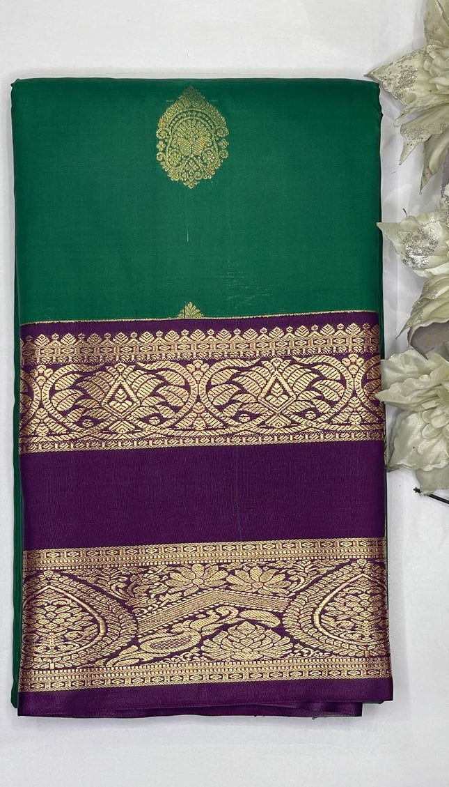 Emerald Green & Purple Kanchipuram Silk Saree with Gold Zari Border|S2_1